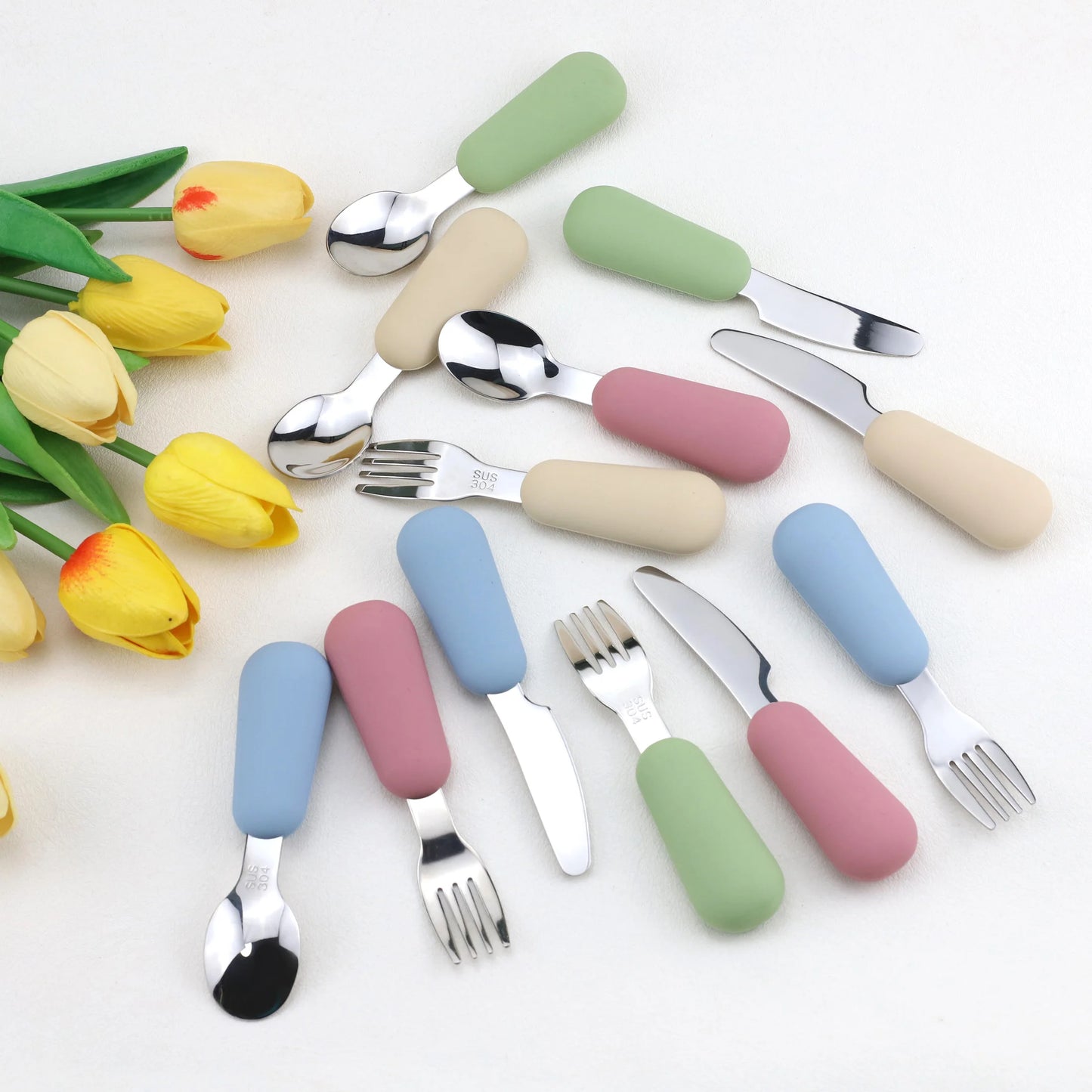 First Feeding Set – 3-Piece Silicone & Stainless Steel Baby Cutlery