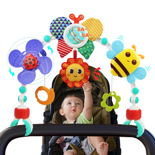 Sensorische kinderwagenboog met hangende speeltjes