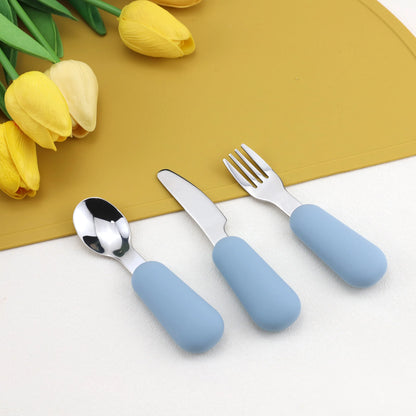 First Feeding Set – 3-Piece Silicone & Stainless Steel Baby Cutlery