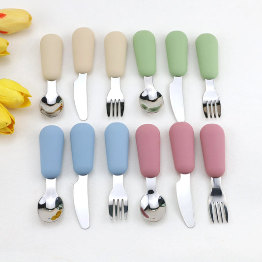 First Feeding Set – 3-Piece Silicone & Stainless Steel Baby Cutlery