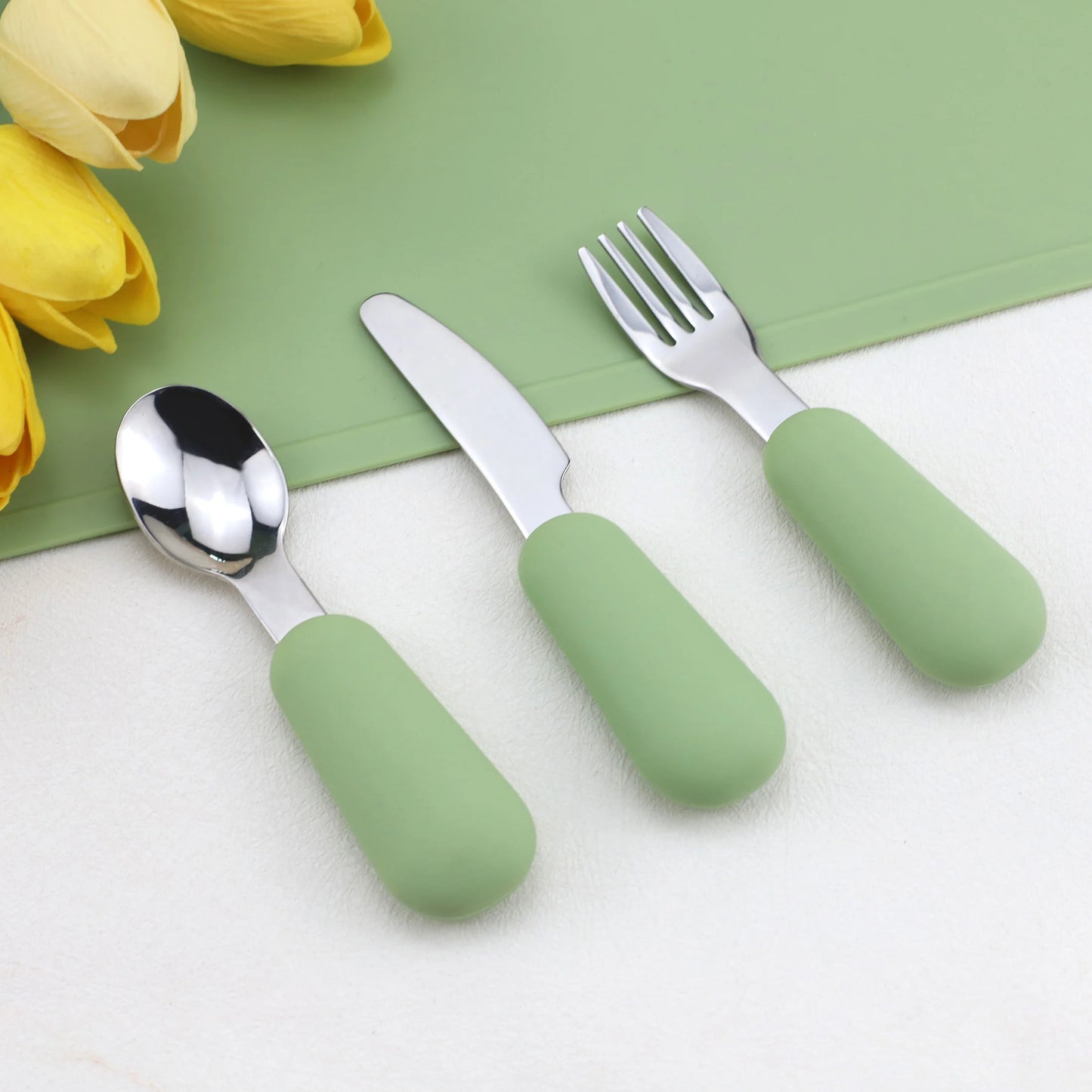 First Feeding Set – 3-Piece Silicone & Stainless Steel Baby Cutlery